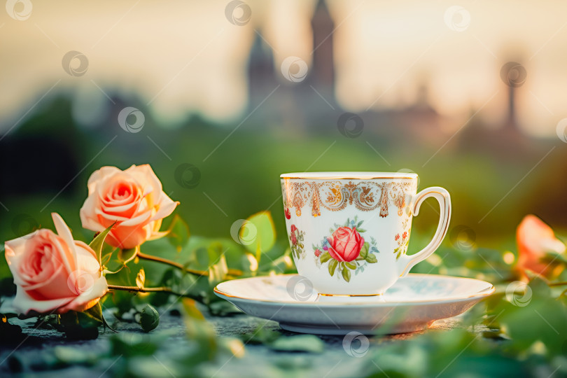 Скачать Фарфоровая чашка чая с розами на фоне лондонского пейзажа фотосток Ozero