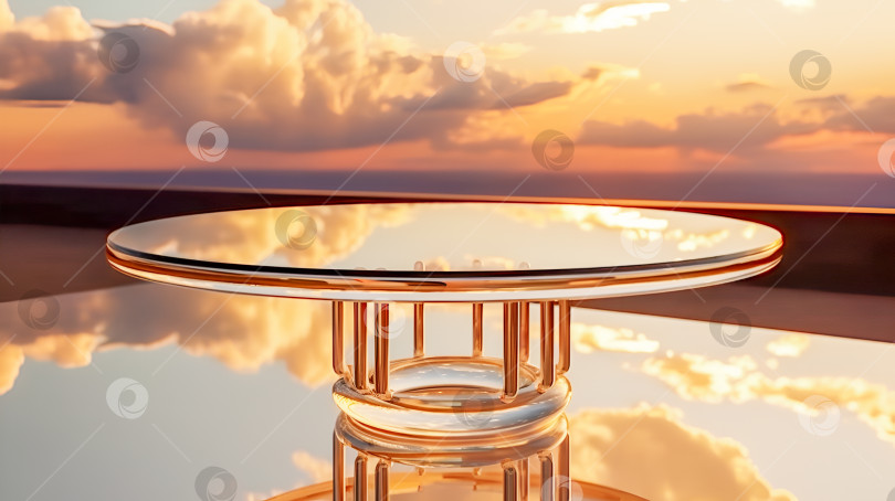 Скачать Пустой стеклянный стол на кристально чистой поверхности воды на фоне закатного неба фотосток Ozero