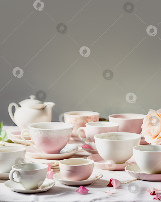 Скачать Фарфоровые чашки с блюдцами и заварочный чайник из английского сервиза со свежезаваренным чаем фотосток Ozero