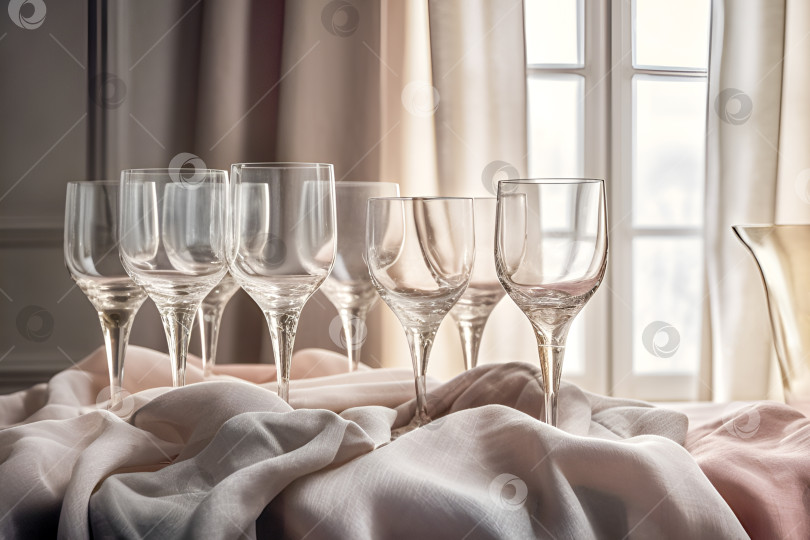 Скачать Хрустальные бокалы для вина на банкетном столе с текстильными скатертями на размытом фоне интерьера фотосток Ozero