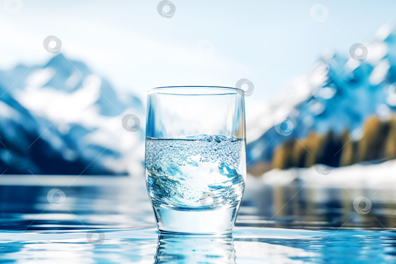 Скачать Стакан льющейся кристально чистой воды на размытом фоне природного снежного горного пейзажа фотосток Ozero