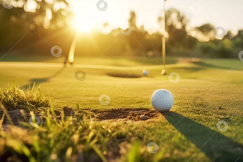 Скачать Мяч для гольфа на зеленой траве на размытом фоне пейзажа поля для гольфа на закате фотосток Ozero