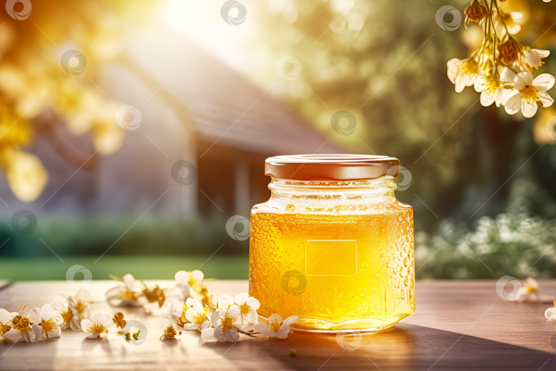 Скачать Стеклянная банка с цветочным медом на деревянном столе с цветущими яблоневыми ветками фотосток Ozero
