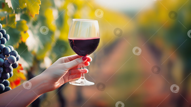 Скачать Женская рука держит бокал с натуральным красным вином на размытом фоне пейзажа виноградника фотосток Ozero