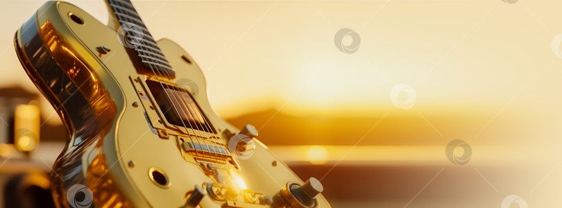 Скачать Музыкальный баннер с крупным планом футуристической красивой шестиструнной золотой электрогитары фотосток Ozero