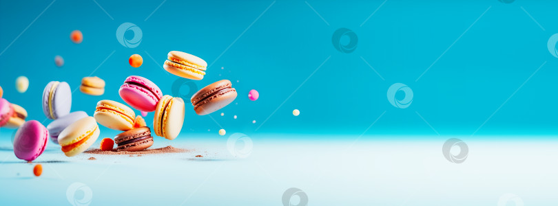 Скачать Баннер сладкой еды с летающим тортом макарон или миндальное печенье на синем фоне с пробелом для копирования фотосток Ozero