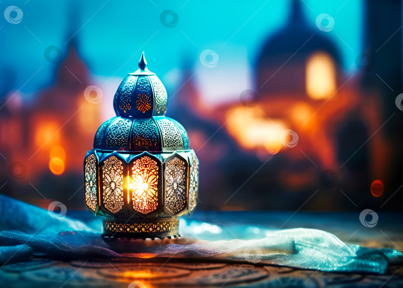 Скачать Исламский красивый фонарь на размытом ночном городском пейзаже фотосток Ozero