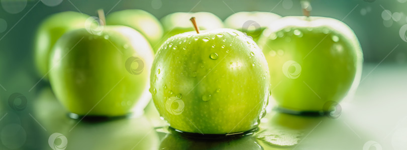 Скачать Баннер здорового питания с зелеными яблоками крупным планом на зеленом градиентном фоне фотосток Ozero