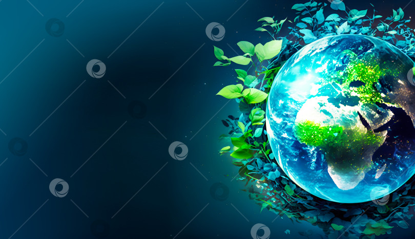 Скачать Планета Земля, утопающая в зеленых листьях на градиентном фоне космического пространства с копией пространства фотосток Ozero