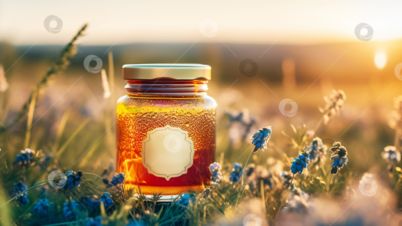 Скачать Стеклянная банка с жидким цветочным медом на лугу с полевыми цветами фотосток Ozero