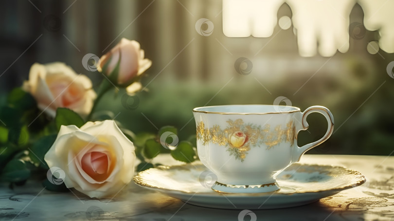 Скачать чашка чая на льняной скатерти с розами на фоне европейского городского пейзажа фотосток Ozero