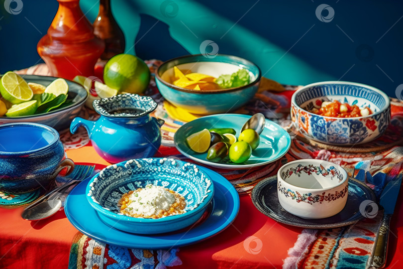 Скачать Традиционные мексиканские блюда с мясом, овощами, специями и соусами на тарелках с мексиканским орнаментом фотосток Ozero