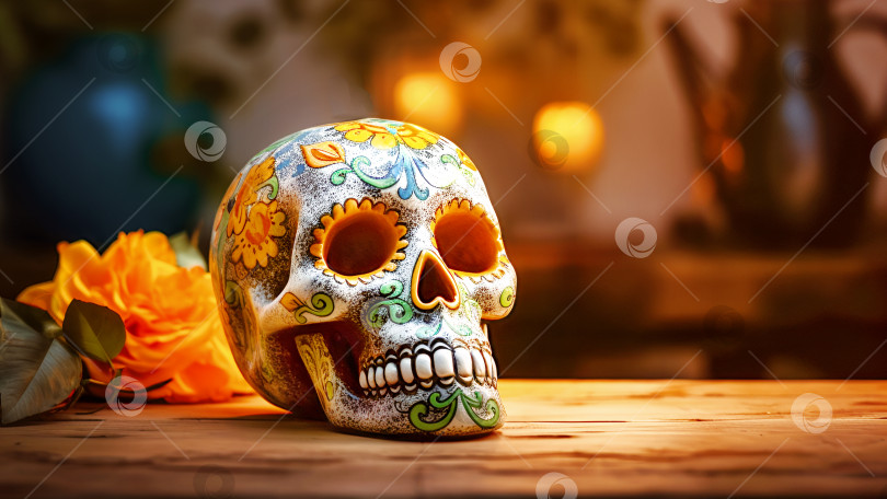Скачать Нарисованный человеческий череп ко Дню мертвых в Мексике и цветы на деревянном столе фотосток Ozero