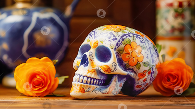 Скачать Нарисованный человеческий череп ко Дню мертвых в Мексике и оранжевые цветы на деревянном столе фотосток Ozero