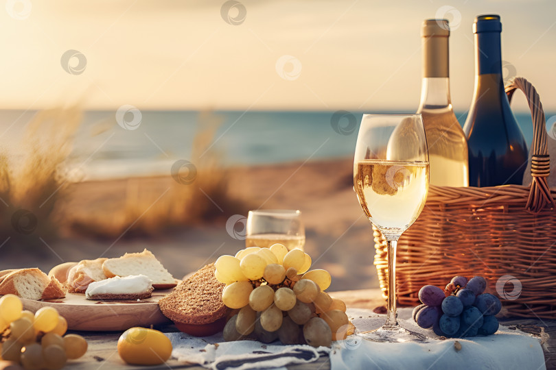 Скачать Бутылки красного и белого вина, багет, сыр, виноград и свежие фрукты на фоне размытого морского пейзажа фотосток Ozero