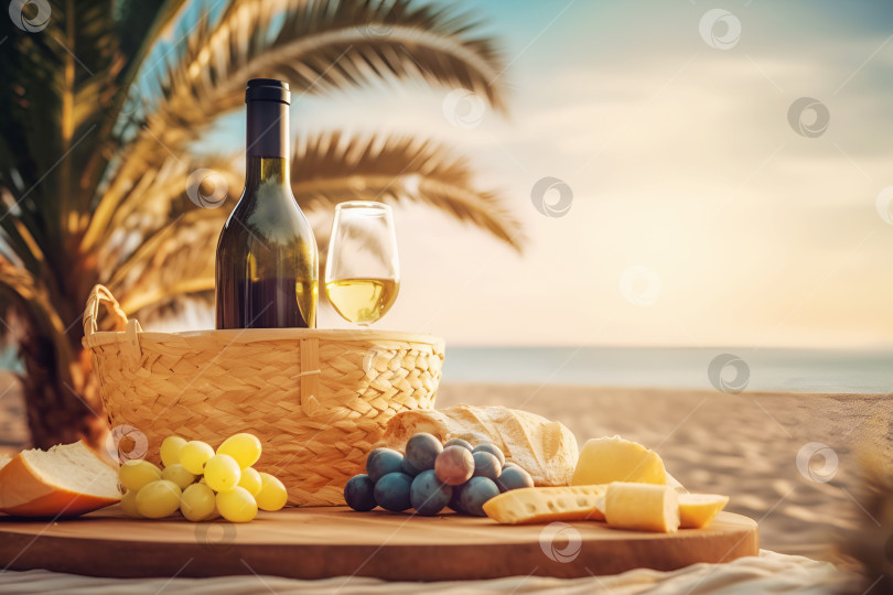 Скачать Бутылка вина, багет, сыр, виноград и свежие фрукты на пледе на фоне размытого морского пейзажа фотосток Ozero