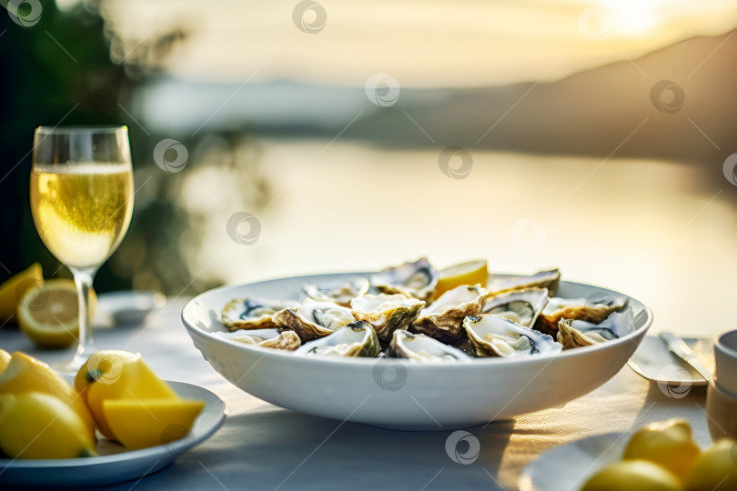 Скачать Свежие устрицы на белой тарелке с лимоном и белым вином на фоне размытого морского пейзажа на закате фотосток Ozero