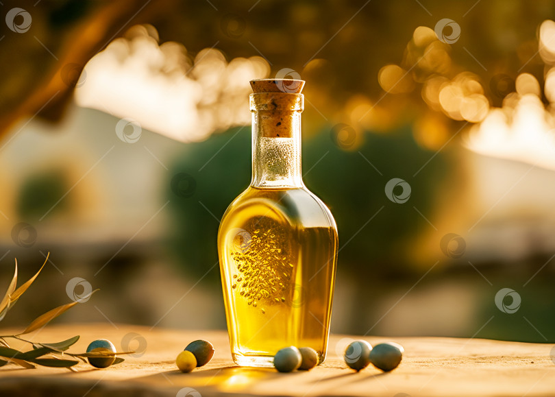 Скачать Стеклянная бутылка с оливковым маслом и оливками на столе на размытом фоне оливковой рощи фотосток Ozero