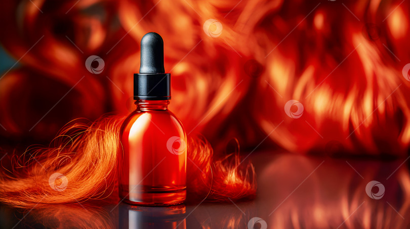 Скачать Янтарная бутылочка-капельница с органическим маслом для здоровых волос на абстрактном фоне красивых волнистых волос фотосток Ozero