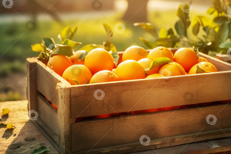 Скачать Спелые апельсины в деревянной коробке на деревянном столе на размытом фоне сада фотосток Ozero