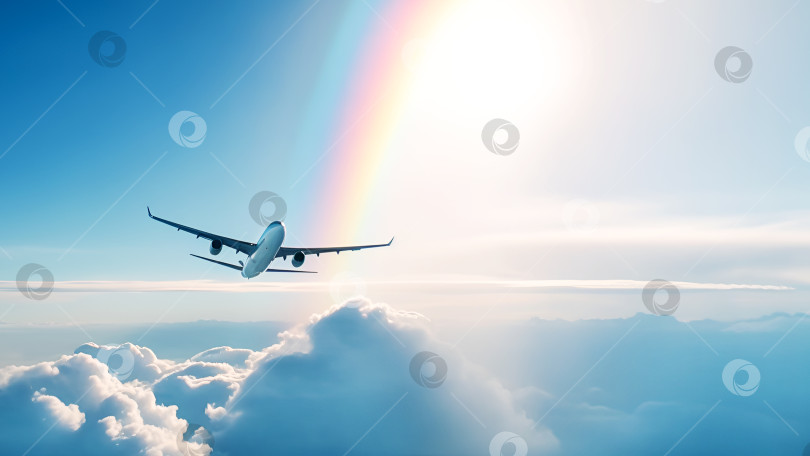 Скачать Самолет летит над удивительными облаками в ясном голубом небе с радугой и солнечными лучами фотосток Ozero
