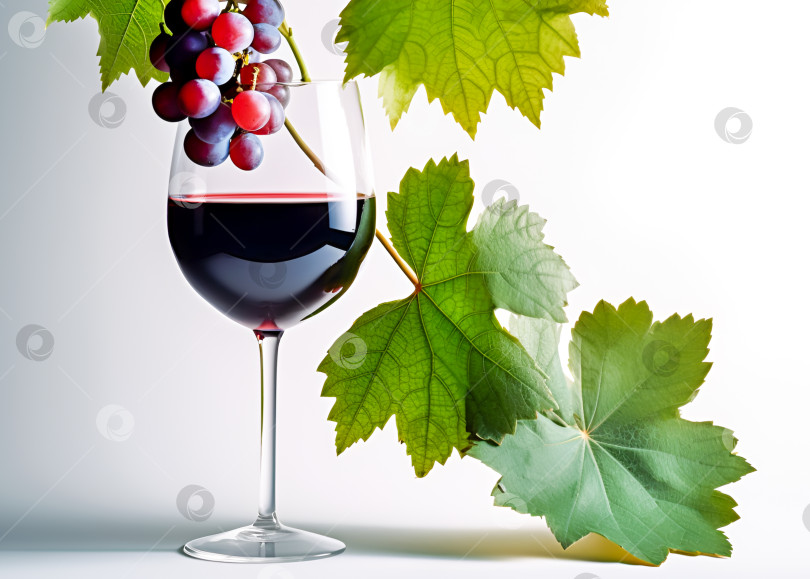 Скачать Бокал натурального красного вина с красной виноградной лозой с зелеными листьями на белом фоне фотосток Ozero