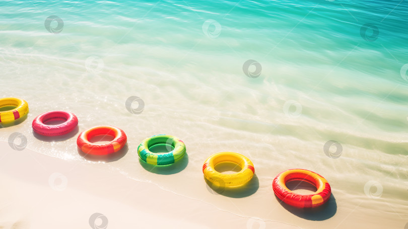 Скачать Плавательные круги на песчаном пляже на фоне красивого спокойного синего моря фотосток Ozero