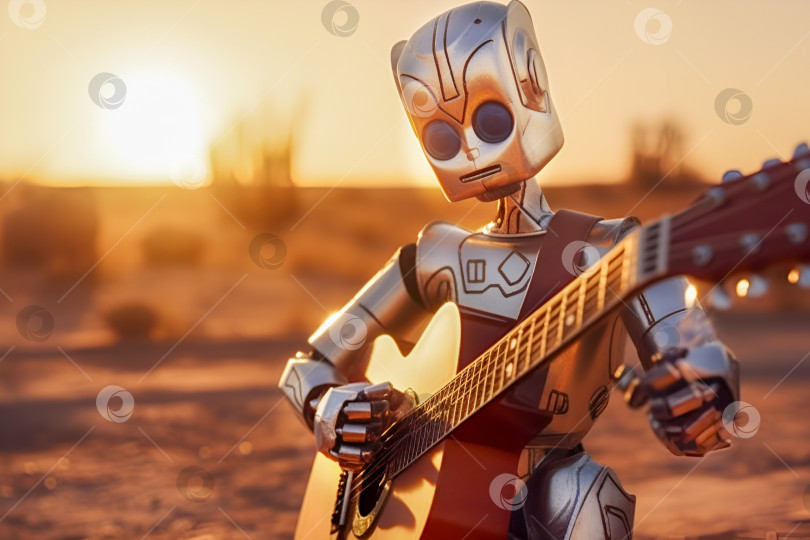 Скачать Милый робот играет на гитаре на размытом закатном пейзаже фотосток Ozero