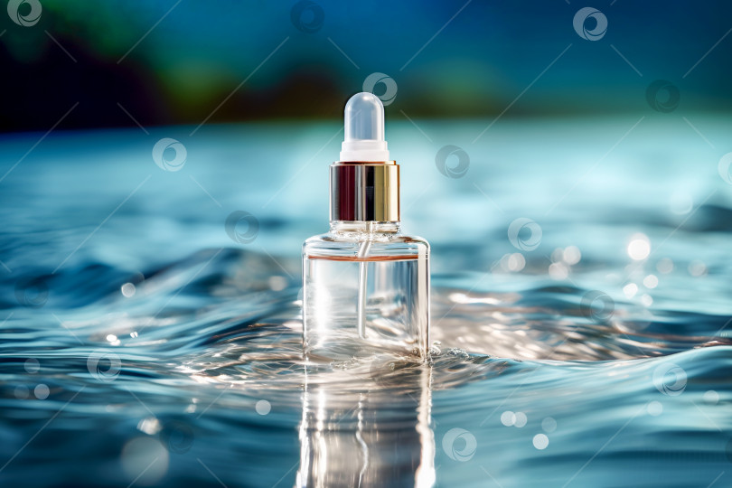 Скачать Стеклянный флакон-капельница для косметики с органической увлажняющей сывороткой на поверхности воды с волнами фотосток Ozero