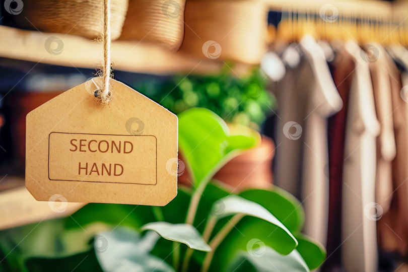 Скачать Картонная этикетка с надписью Second Hand на размытом интерьере магазина подержанной одежды фотосток Ozero