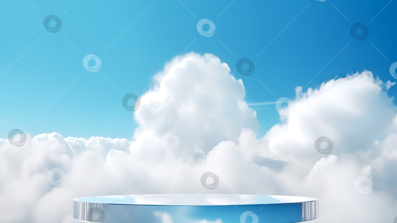 Скачать Пустой круглый стеклянный подиум на фоне прекрасного облачно-голубого неба фотосток Ozero