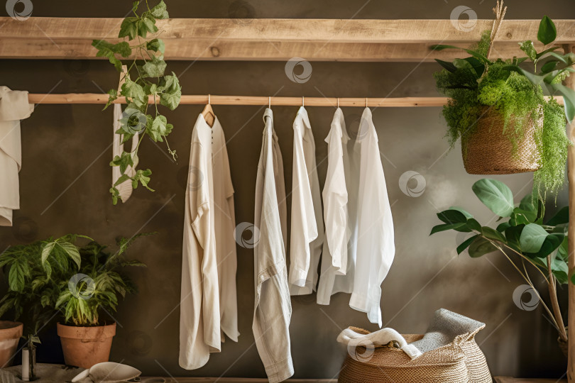 Скачать Хлопчатобумажная и льняная одежда на деревянной вешалке в интерьере магазина подержанной одежды с растениями фотосток Ozero
