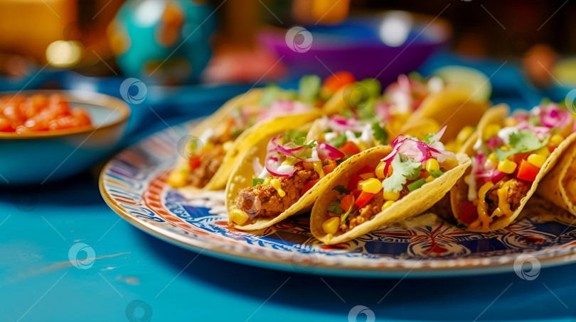 Скачать Мексиканские тако с мясом и овощами на тарелке с мексиканским орнаментом на синем столе фотосток Ozero