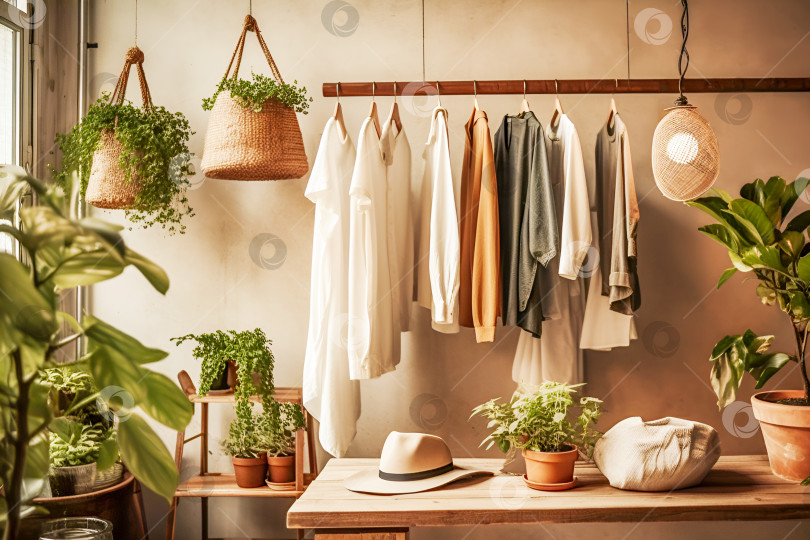 Скачать Одежда из натурального хлопка и льна на деревянной вешалке в экологически чистом интерьерном магазине секонд-хенда фотосток Ozero