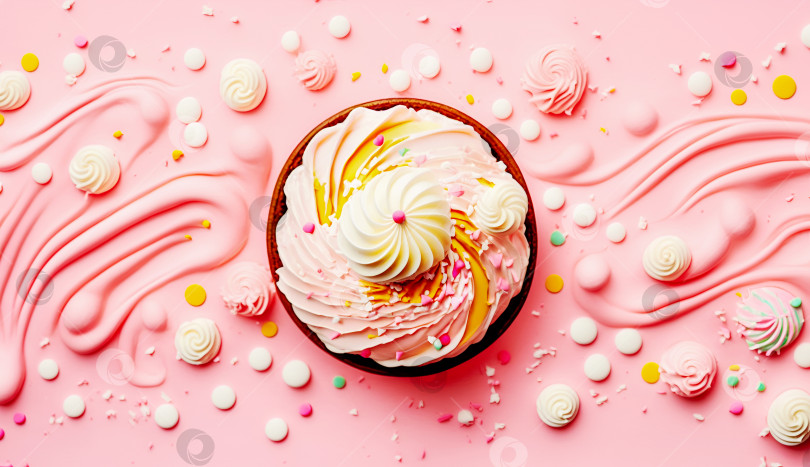 Скачать Сладкие кексы со взбитыми сливками, зефиром, конфетами и разноцветной кулинарной посыпкой фотосток Ozero