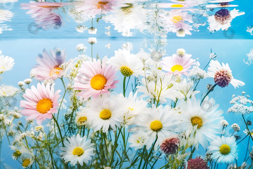 Скачать Маргаритки, клевер и другие полевые цветы под водой на голубом фоне с солнечными бликами фотосток Ozero