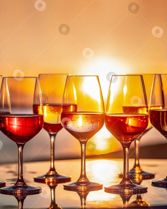 Скачать Разные сорта вина в бокалах на столе на размытом фоне морского пейзажа на закате с пространством для копирования фотосток Ozero