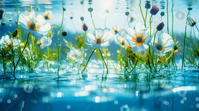 Скачать Луговые полевые цветы под водой на голубом фоне с солнечными бликами фотосток Ozero
