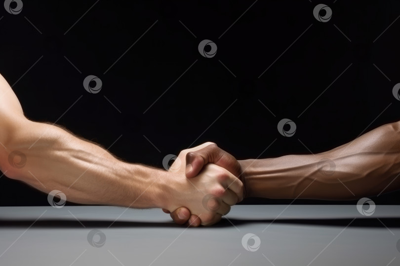 Скачать Кавказские и африканские мужчины пожимают друг другу руки над белым столом на черном фоне крупным планом. Знак дружбы, поздравления, примирения, заключения сделки. Порождающий искусственный интеллект фотосток Ozero