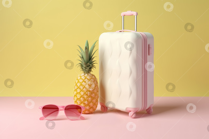 Скачать Розовый чемодан, ананас и солнцезащитные очки на розовом фоне. Композиция в стиле минимализма. Концепция летнего туристического отпуска. Порождающий искусственный интеллект фотосток Ozero