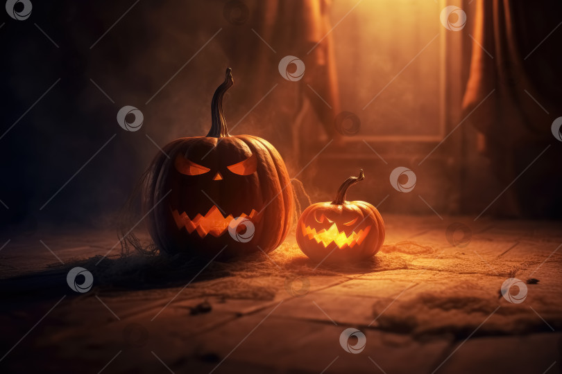 Скачать Две хэллоуинские тыквы с вырезанными улыбками и свечами внутри на полу в ужасном темном дыму. Порождающий искусственный интеллект фотосток Ozero