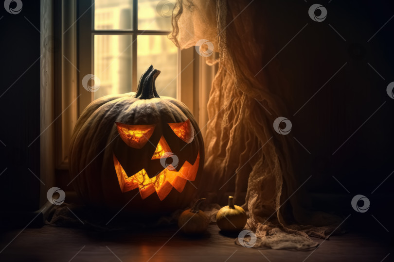Скачать Большая тыква для Хэллоуина с вырезанной головой Джека с ужасной улыбкой и свечой внутри стоит у окна в темной комнате, освещенной дневным кинематографическим освещением. Порождающий искусственный интеллект фотосток Ozero