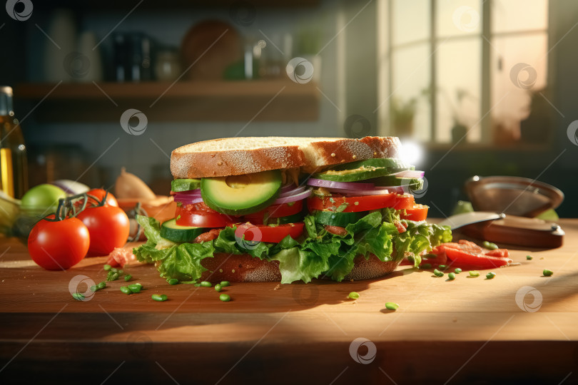 Скачать Вегетарианский сэндвич с ломтиками помидоров, авокадо, листьев салата, лука на кухонном столе, освещенном утренним светом из окна. Быстрый, вкусный и полезный завтрак. Порождающий искусственный интеллект фотосток Ozero