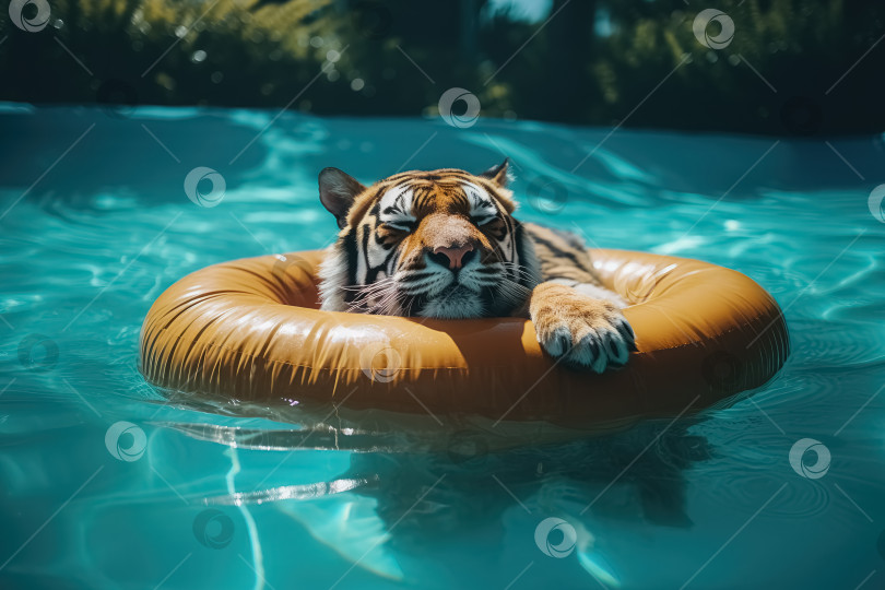Скачать Полосатый тигр расслабляется в бассейне, плавая на надувном желтом круге. Отдых в отеле "все включено". Порождающий искусственный интеллект фотосток Ozero