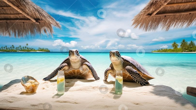 Скачать Две черепахи на прекрасном пляже с белым песком, бирюзовым океаном, голубым небом с облаками и пальмой над водой в солнечный день на тропическом острове, расслабляющемся с коктейлями. Концепция отдыха. Порождающий искусственный интеллект фотосток Ozero
