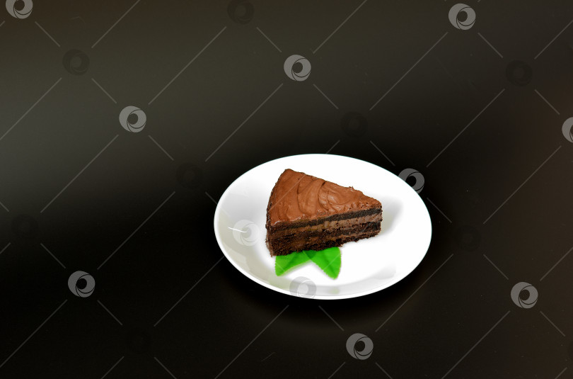 Скачать Белая фарфоровая тарелка с кусочком шоколадного чизкейка, украшенного листиками мяты на черном фоне. фотосток Ozero