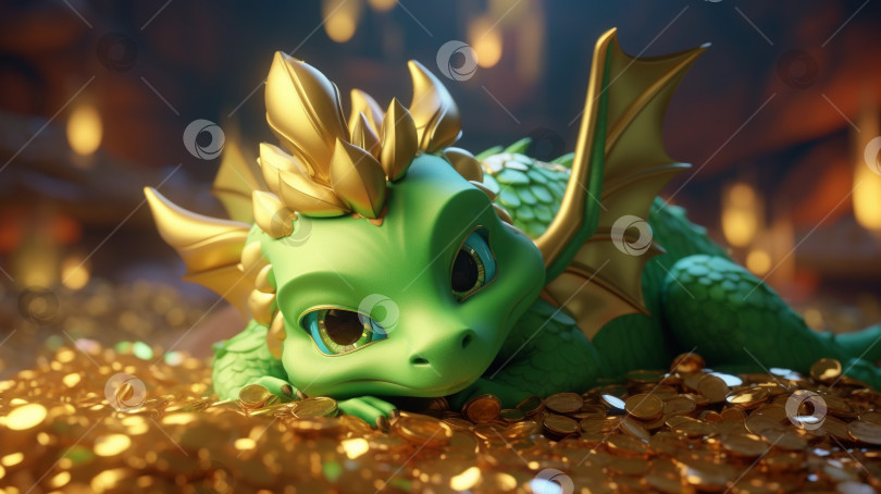 Скачать Зеленый дракон на груде золотых монет фотосток Ozero