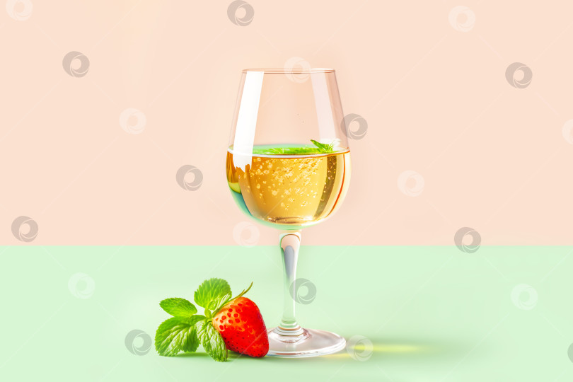 Скачать Минималистичная композиция с бокалом шампанского и ягодой клубники фотосток Ozero