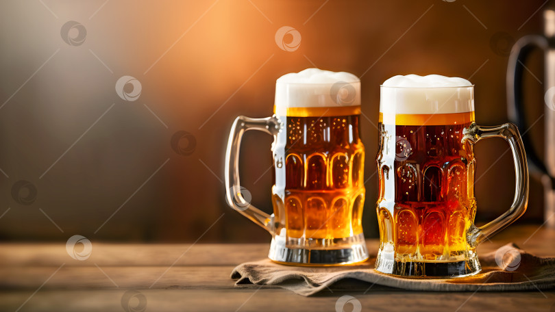 Скачать Два бокала светлого пива с пеной на деревянной барной стойке на размытом фоне фотосток Ozero