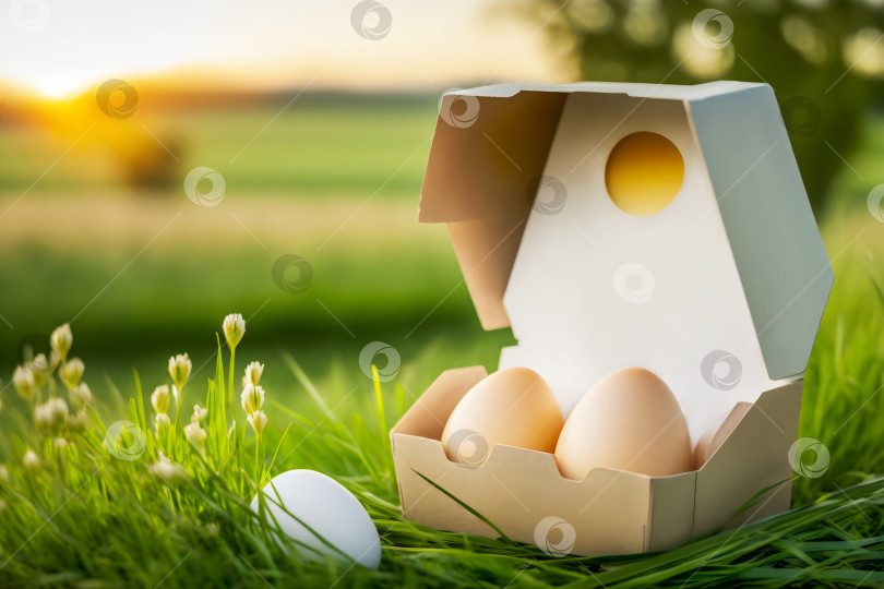 Скачать Натуральные куриные яйца в картонной коробке на траве на размытом фоне сельского пейзажа фотосток Ozero